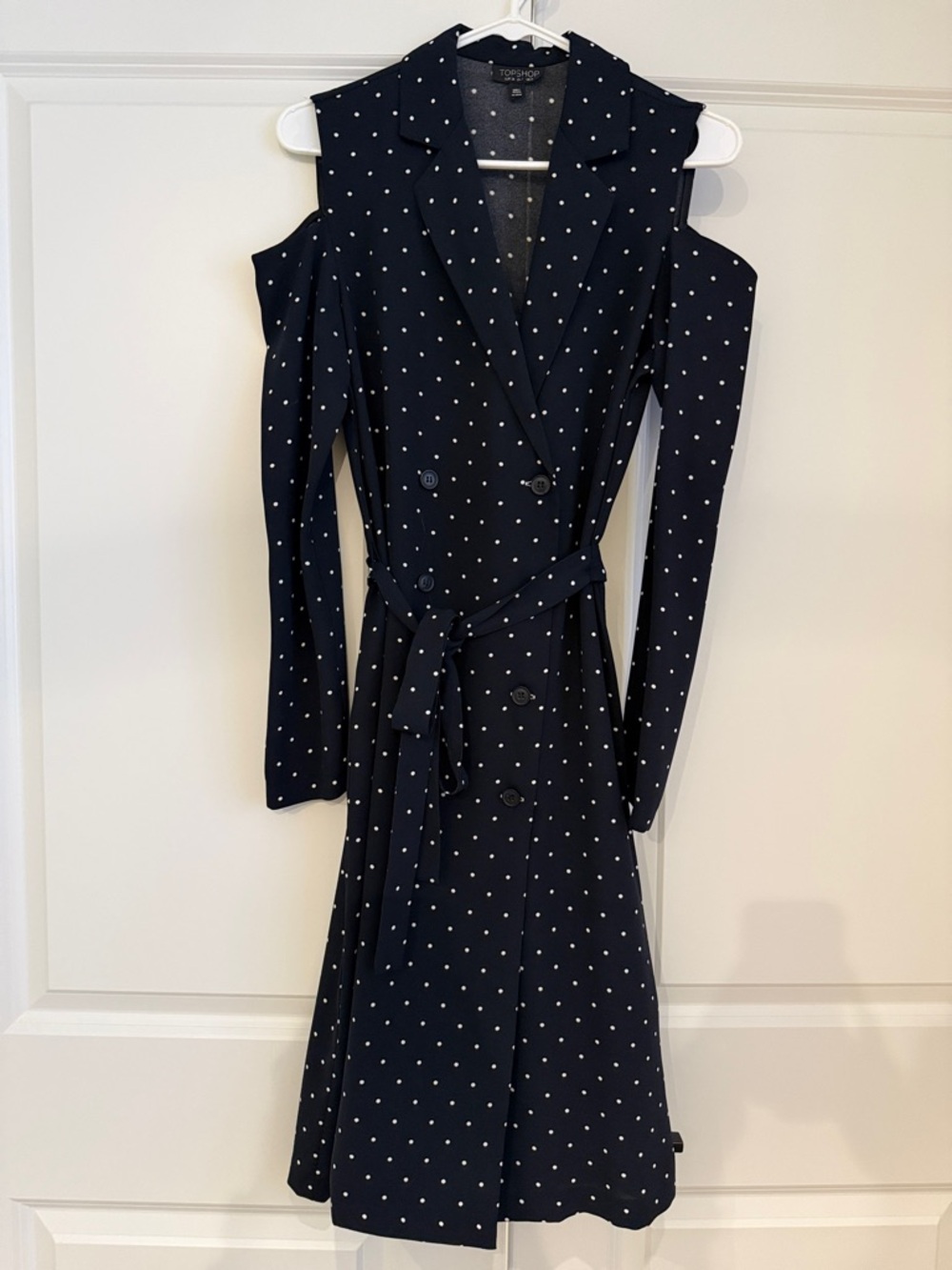 Topshop Navy Polka Dot Cold-Shoulder Double Breasted Blazer Dress